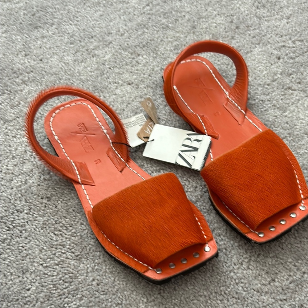 Zara Orange Flats with Suede Strap and Square Toe